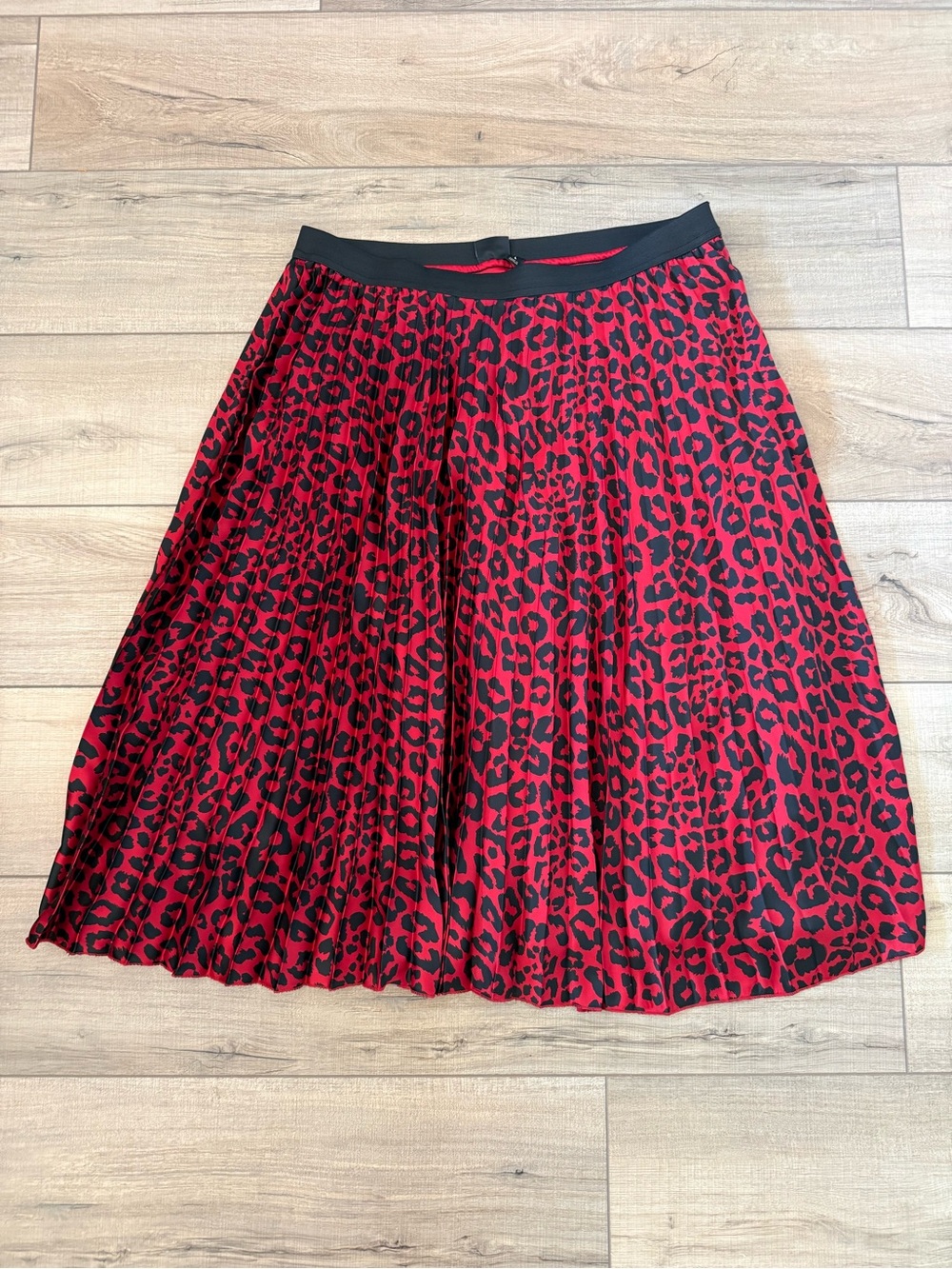 Worthington Lined Red & Black Leopard Print Satin Pleated Midi Skirt
